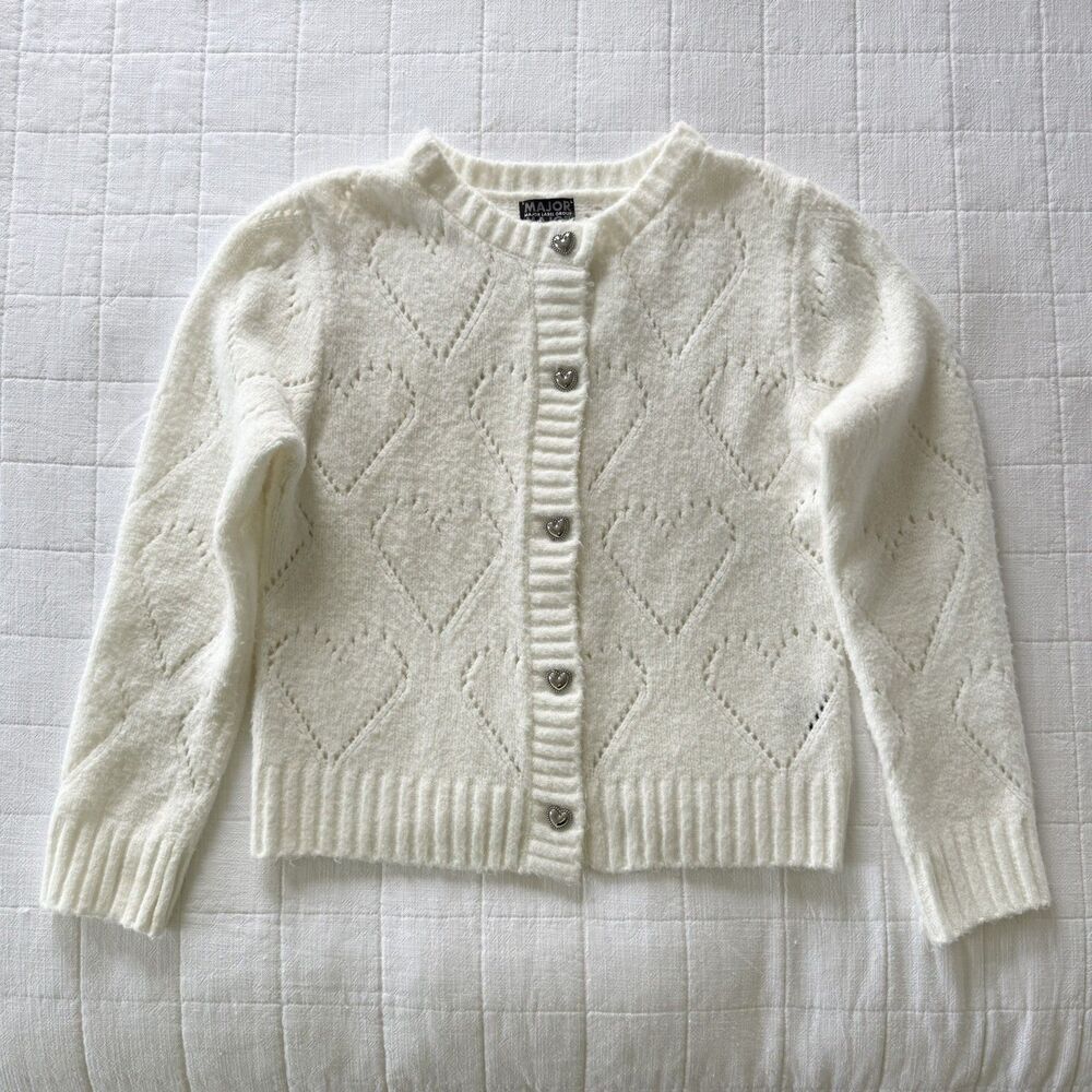 Major Label Group Women's White Heart Open Knit Button Cardigan Sweater Size S